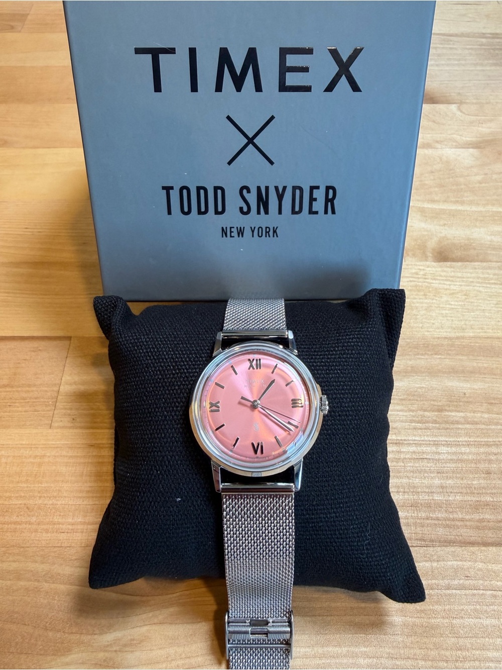 Todd Snyder Men’s Silver Mesh Watch with Pink Sunburst Dial